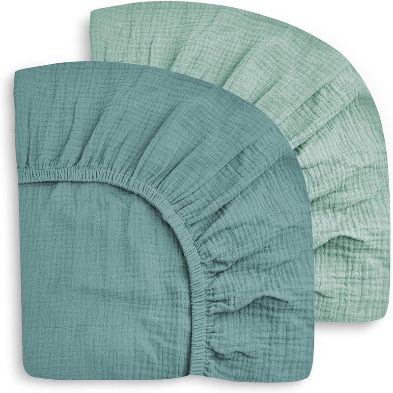 SWEET DOLPHIN 2-Pack Muslin Crib Sheets for Boys & Girls, Ultra Soft Breathable 40S Long-Staple Cotton Fitted Baby Sheets for Standard Crib Mattress 52"x28", Light Teal- Nursery Essentials - Image 1